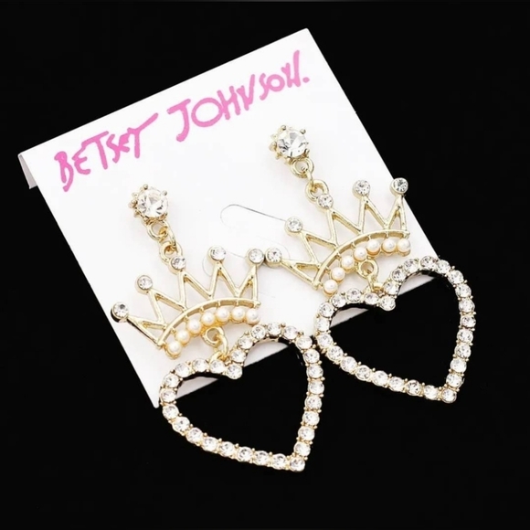 Betsey Johnson Gold crystal pearl crown heart earings with silver post - Picture 13 of 16